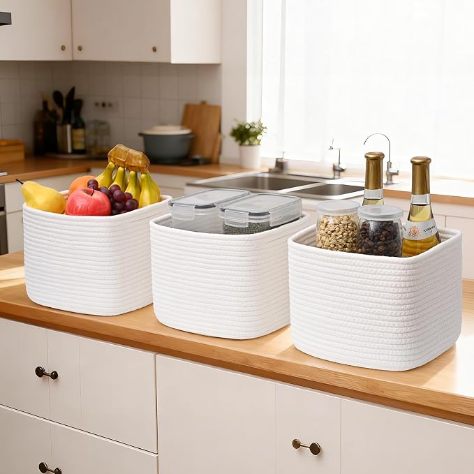 3 Pack Cube Storage Bin, 9”x9”x7” Cotton Rope Woven Baskets - Image 6