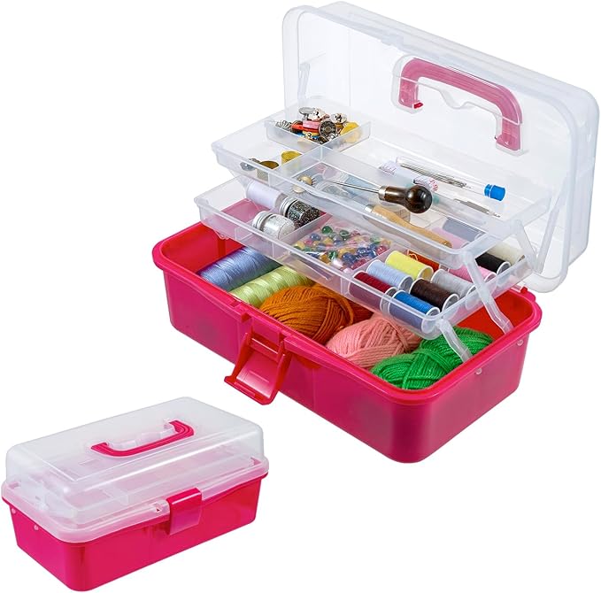 MyGift 13-Inch Dark Pink Plastic Craft Organizer and Storage Box – Clear by MyGiftHome