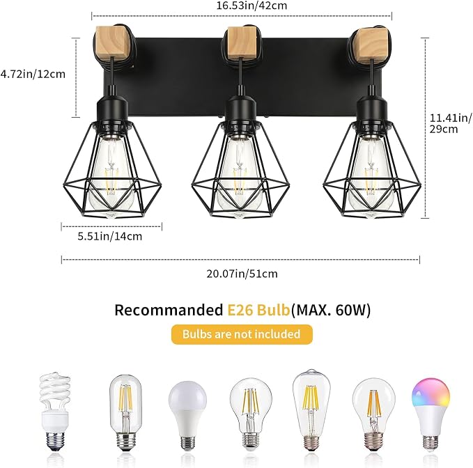 3-Light Farmhouse Vanity Light, Industrial Wood Bathroom Light Fixtures Over - Image 3