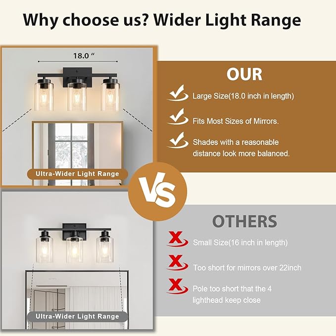 IZORRO Modern Bathroom Light Fixtures, 3 Light Black Vanity Lights, Bathroom - Image 3