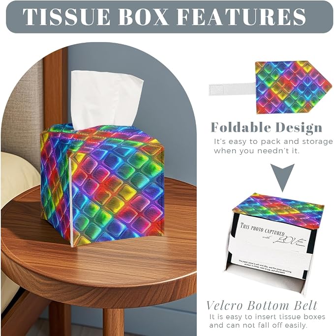 Rainbow Tissue Box Cover Neon Colorful Tiles Purple Blue Pink Square PU Leather - Image 2