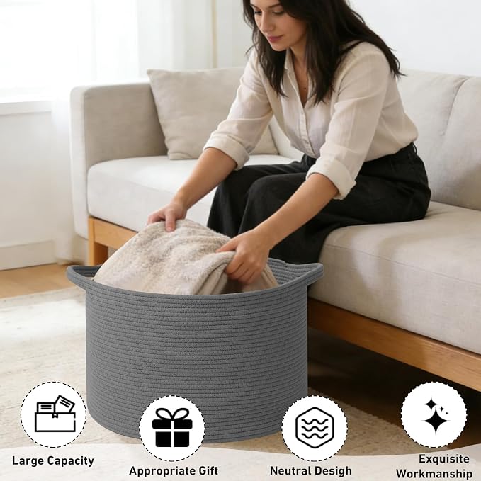 65L Large Blanket Basket, 19.7" L x 19.7" W x 13" H Rope Woven Baskets - Image 4