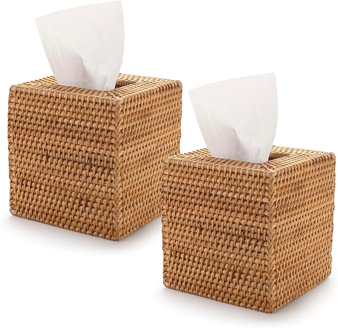 2 Pack Rattan Tissue Box Cover Square, Hand Woven Wicker Tissue Holder by YANGQIHOME