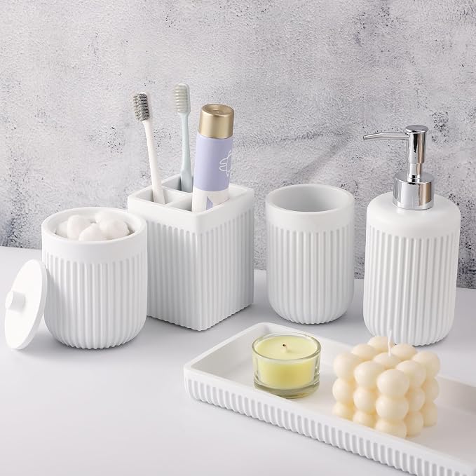 Resin White Bathroom Accessories Set 5 Pcs, Lotion Soap Dispenser, Toothbrush by BetterbathroomwithXLHOME