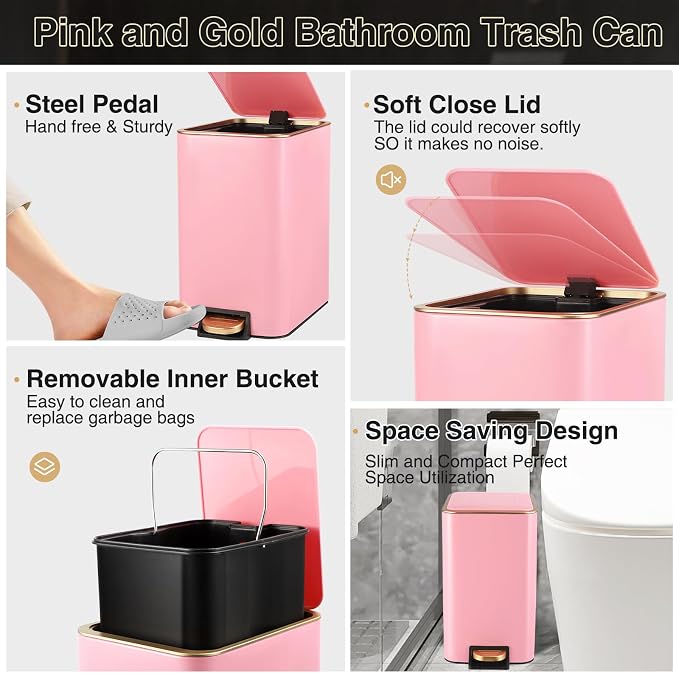 Pink Bathroom Accessories Set 8 Piece Pink and Gold Bathroom Set, Bathroom Sets - Image 3