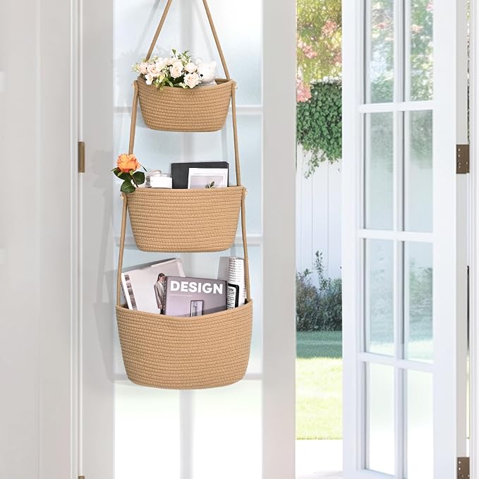 Hanging Storage Baskets, Over the Door Basket, Cotton Wall Baskets Storage - Image 3