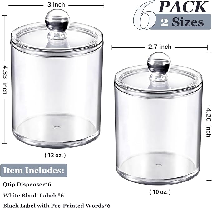 SheeChung 6-Pack Clear Acrylic Apothecary Jars - 10oz & 12oz Qtip Holder Set - - Image 3