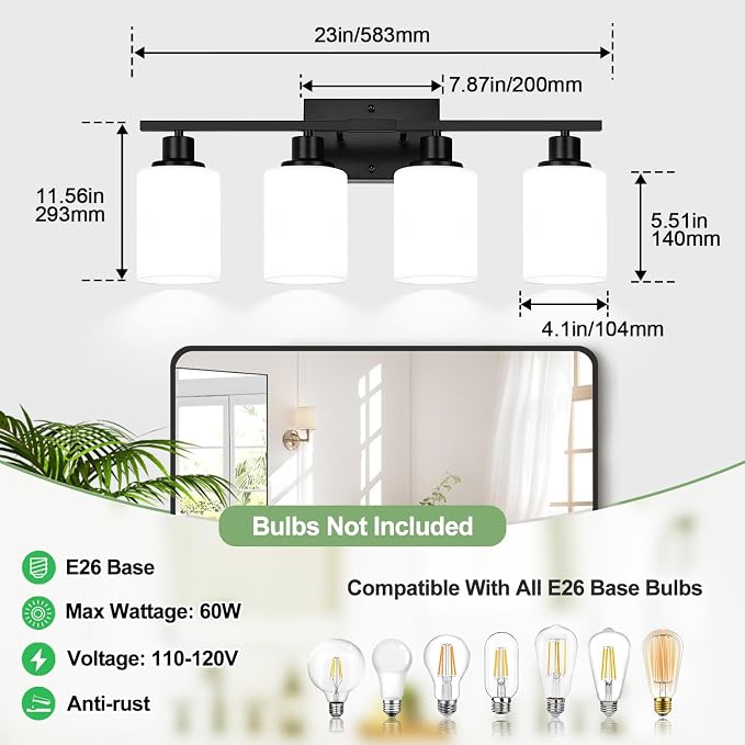 4-Light Bathroom Light Fixtures, Matte Black Vanity Lights - Image 8