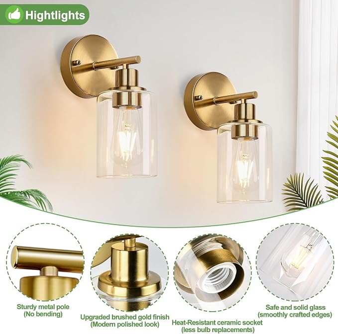 Set of 2 Wall Sconces for Bathroom, Brushed Gold Modern Vanity Lights - Image 4