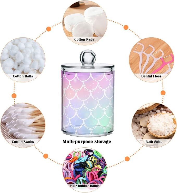 2 Pack Qtip Holder Dispenser for Cotton Ball Rainbow Scales Mermaid Cotton Swab - Image 5