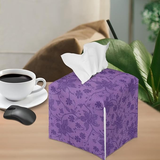 Purple Flowers Tissue Box Case PU Leather Square Modern Asthetic Tissue Box - Image 4