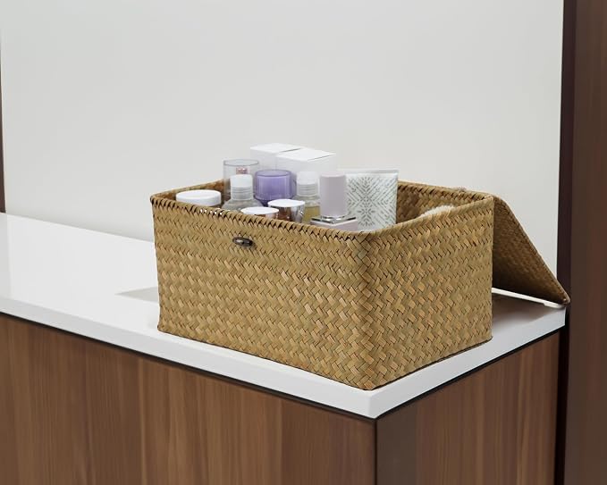 Wicker Basket with Lid, Natural Seagrass Storage Baskets - Image 4