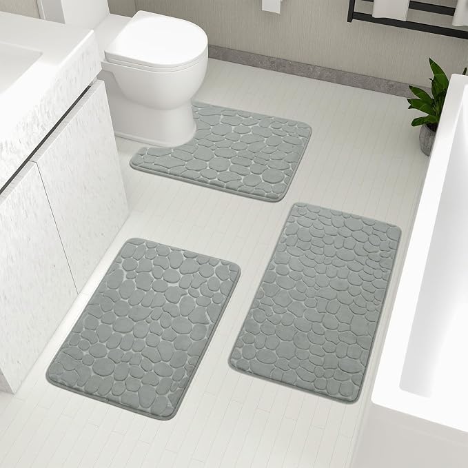 YIHOUSE Bathroom Rugs Mat Set 3 Piece Light Grey, Memory Foam Bath Mats Sets by YIHOUSE