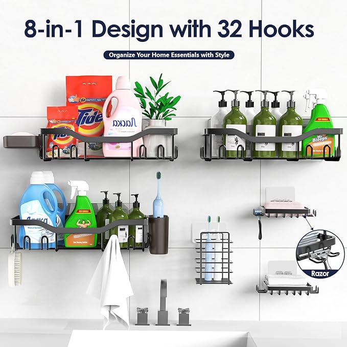 Shower Caddy Adhesive Shower Organizer 8-Pack, Rustproof Stainless Steel - Image 7