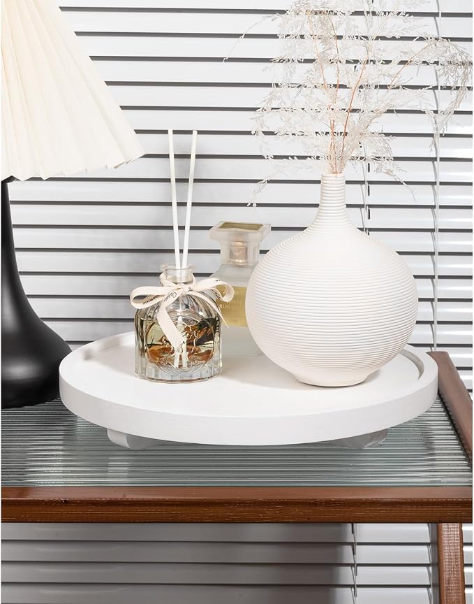 Round Decorative Tray Wood Bathroom Counter Organizer Farmhouse Kitchen Decor - Image 2