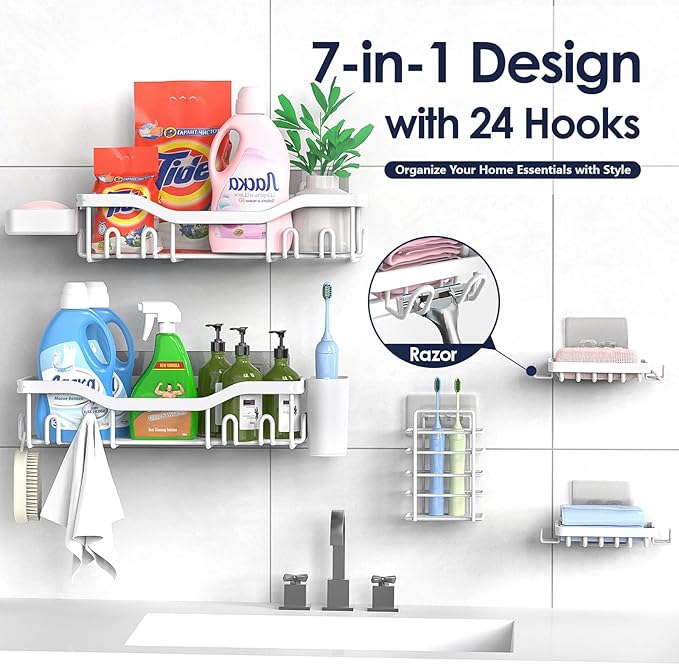 Shower Caddy Adhesive Shower Organizer 7-Pack, Rustproof Stainless Steel - Image 4
