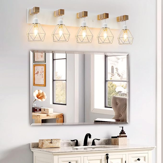 White Bathroom Vanity Light Fixtures, 5-Light Wood Bathroom Light Fixtures Over - Image 2