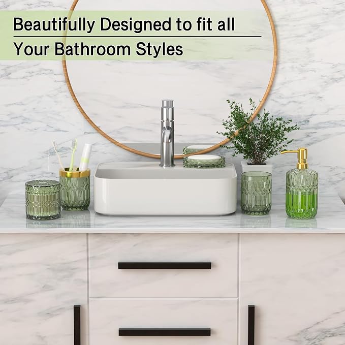 Green Glass Bathroom Accessories Set 5 Pcs, Soap Dispenser and Toothbrush - Image 3