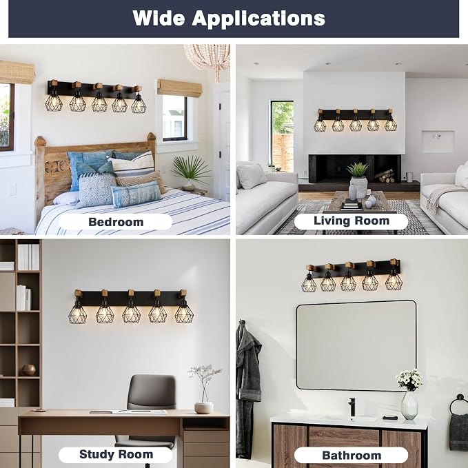 5-Light Farmhouse Bathroom Vanity Light Fixtures, Wood Bathroom Light Fixtures - Image 6