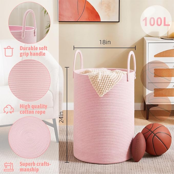 Laundry Basket, Woven Cotton Rope Laundry Hamper, 100L - Image 6