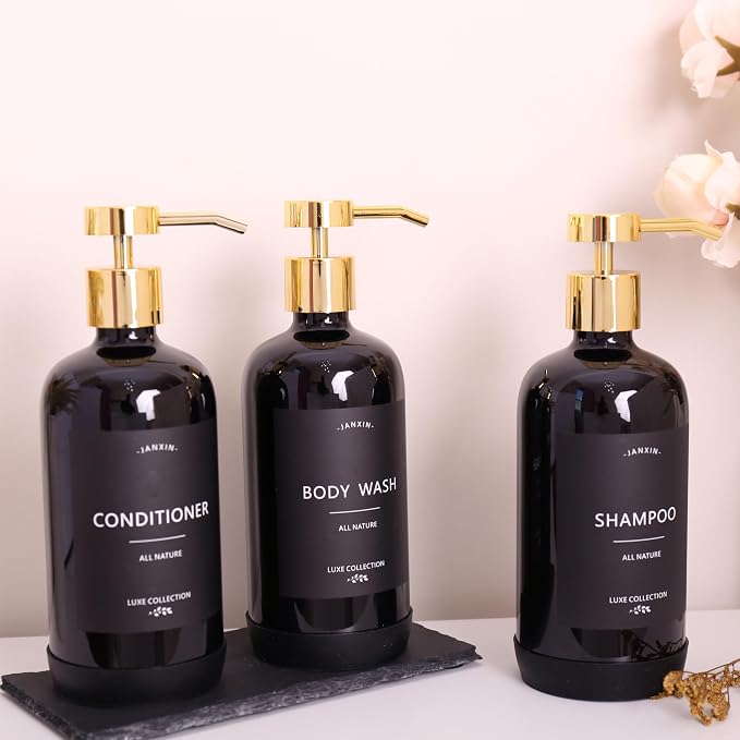 Shampoo and Conditioner Dispenser Set of 3, Refillable 21oz Shampoo Bottles - Image 3