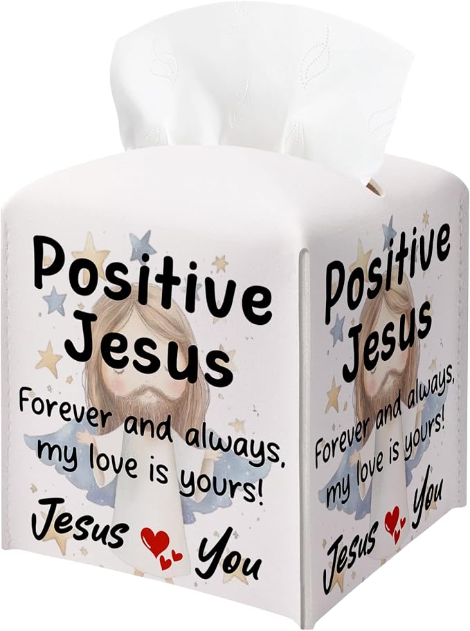 Positive Jesus Tissue Box Cover Square, Catholic Religious Waterproof Leather by BGFMVS