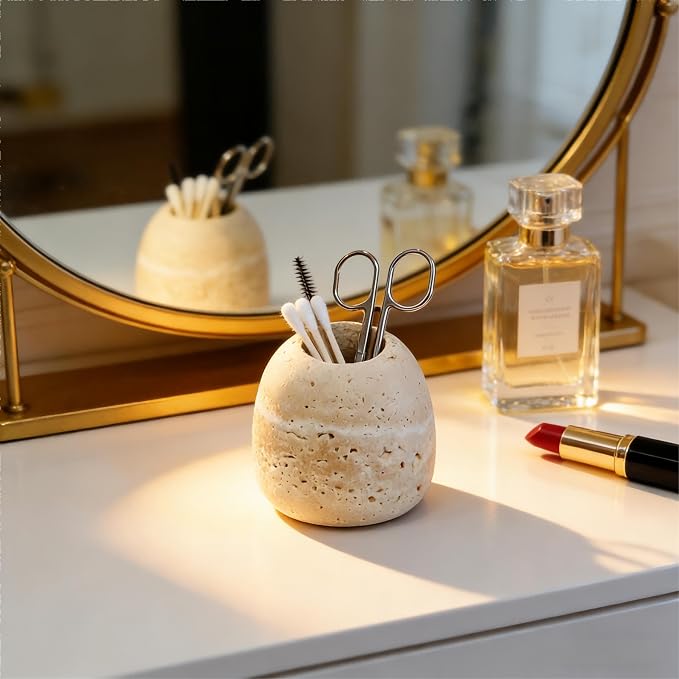 Travertine Match and Toothpick Holder Cute Beige Multi-Purpose Storage Jar - Image 7