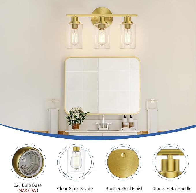 GORDNWE Modern Vanity Light Fixtures, 3 Light Brushed Gold, E26 Bulb Base - Image 4