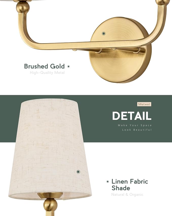 2-Light Bathroom Light Fixtures, Brushed Gold Vanity Lights, Double Wall Sconce - Image 3