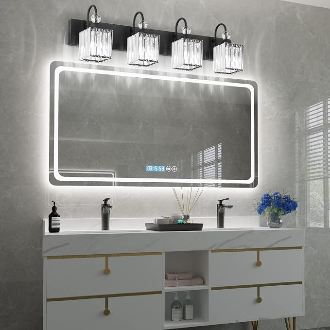Ralbay Matte Black Crystal Vanity Light 4 Light Modern Crystal Bathroom - Image 4