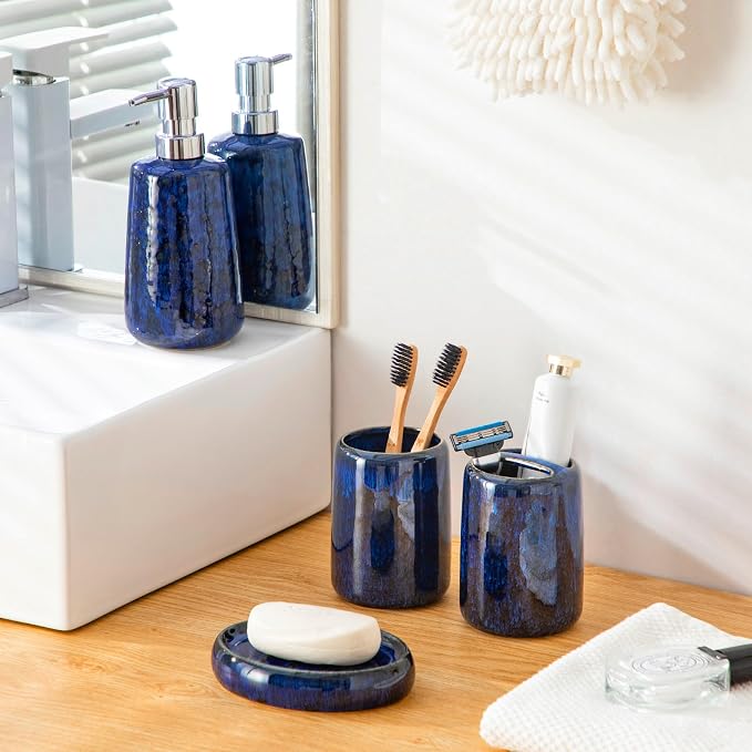 vancasso Blue Bathroom Accessories Set, Ceramic Soap Dispenser and Toothbrush - Image 8
