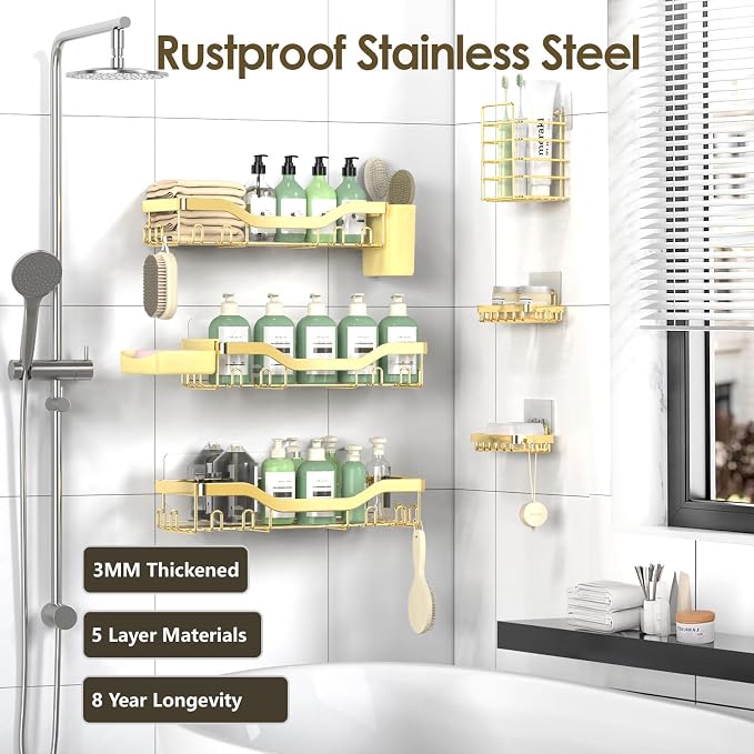 Shower Caddy Adhesive Shower Organizer 8-Pack, Rustproof Stainless Steel - Image 5
