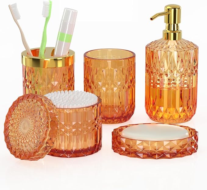 Orange Glass Bathroom Accessories Set 5 Pcs, Soap Dispenser and Toothbrush by QIQU