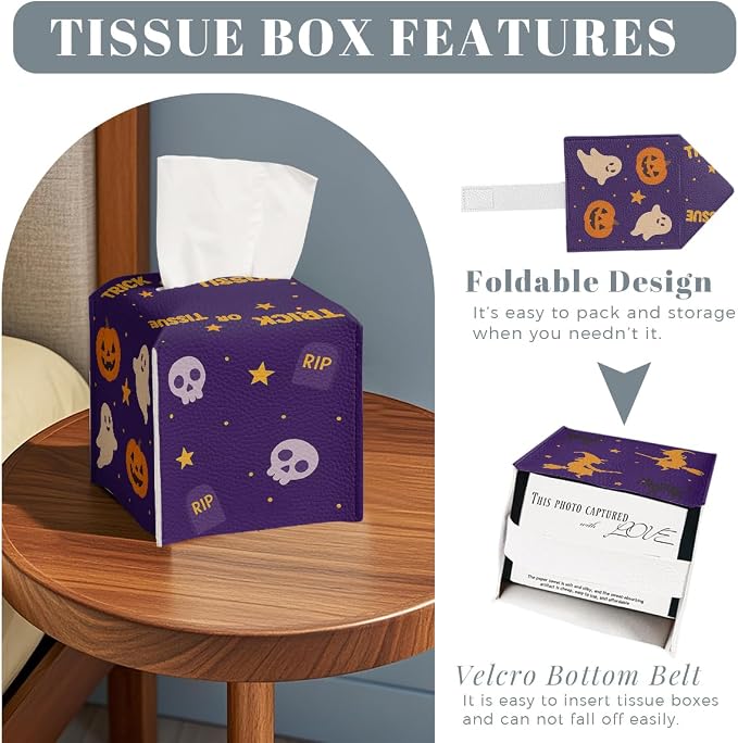 Halloween Tissue Box Cover Funny Cartoon Cute Pumpkin Bat Square PU Leather - Image 2