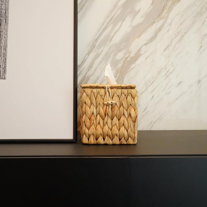 PINXIURY Tissue Box Cover Square Handwoven Rattan Tissue Box Holder, Natural - Image 7