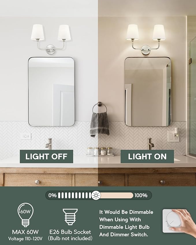 2-Light Bathroom Light Fixtures, Brushed Nickel Vanity Lights, Double Wall - Image 6