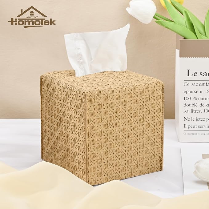 HOMOTEK 2 Pack Tissue Box Cover, Square PU Leather Tissue Holder, Decorative - Image 5