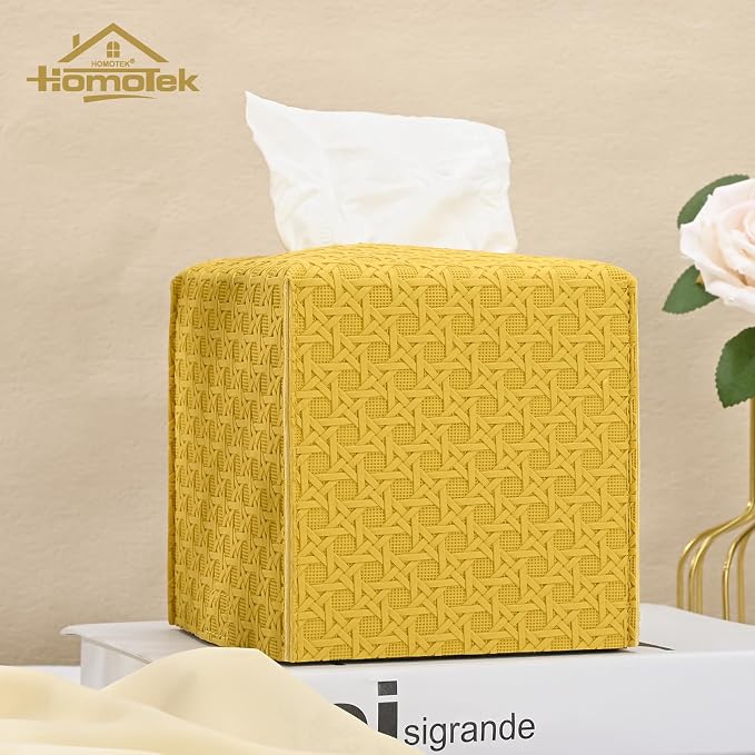 HOMOTEK 2 Pack Tissue Box Cover, Square PU Leather Tissue Holder, Decorative - Image 3