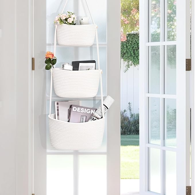 Hanging Storage Baskets, Over the Door Basket, Cotton Wall Baskets Storage - Image 3