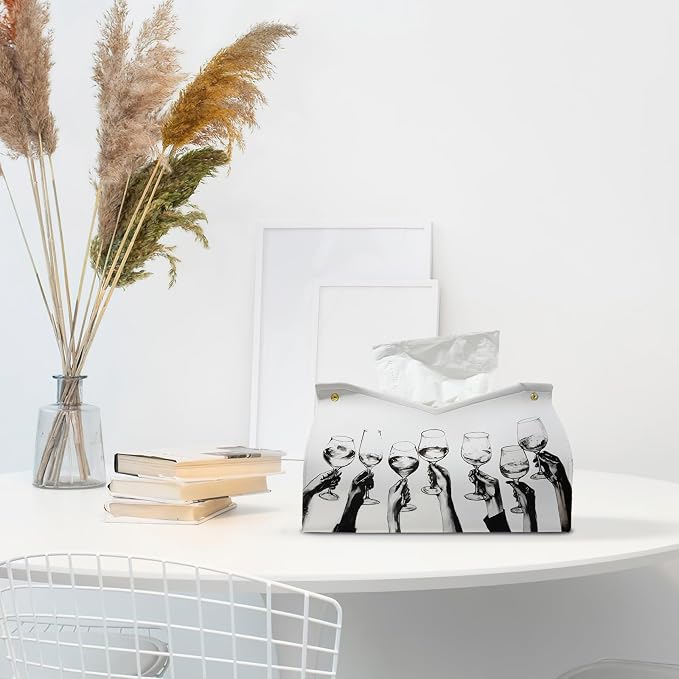 Blck And White Cheers Leather Tissue Box Cover Rectangle, Holiday Party Decor - Image 3