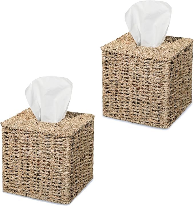 Set of 2 Seagrass Handwoven Wicker Tissue Box Cover, Natural Handmade Napkin by PINXIURY