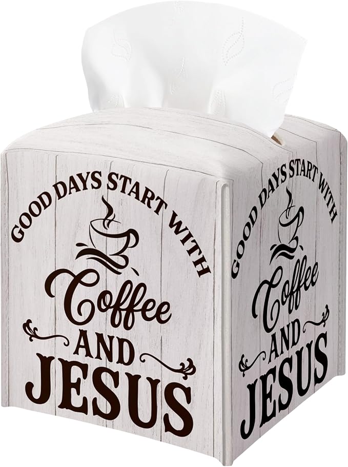 Coffee Bar Tissue Box Cover Square, Good Days Start by BGFMVS