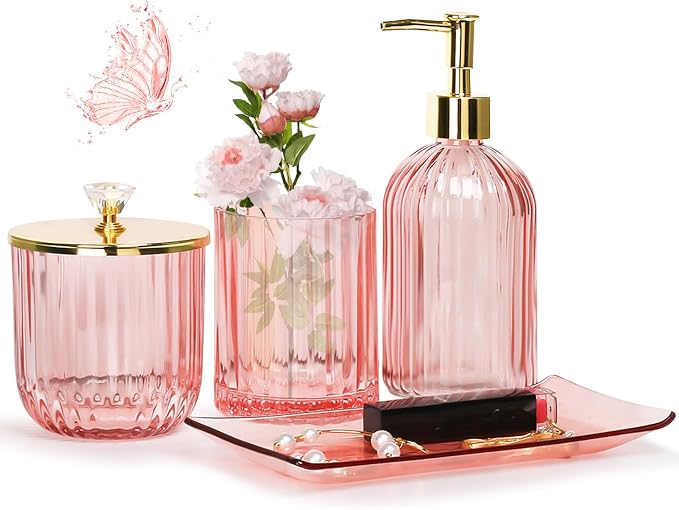 Jenseits Pink Bathroom Accessories Set, Soap Dispenser, Toothbrush Holder by Jenseits