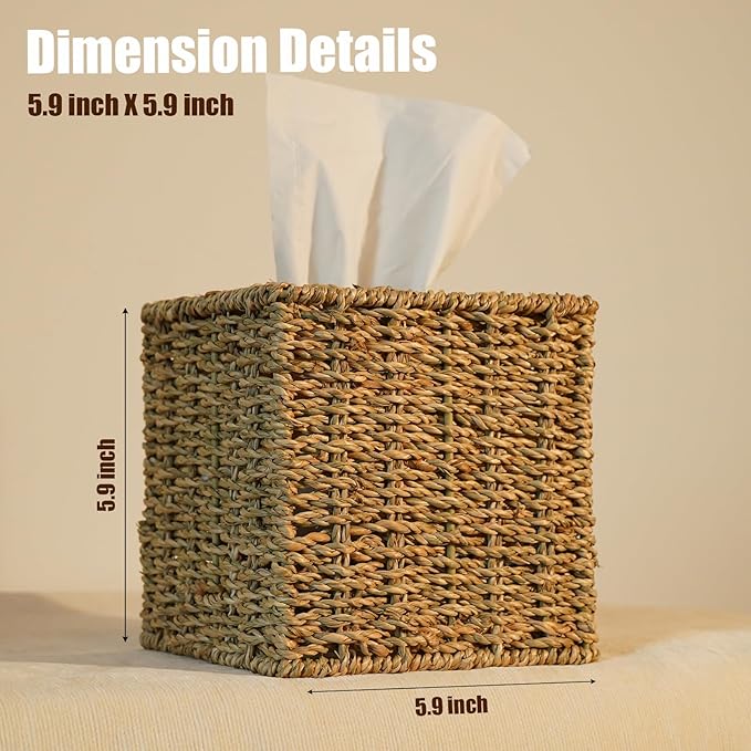 Set of 2 Seagrass Handwoven Wicker Tissue Box Cover, Natural Handmade Napkin - Image 2