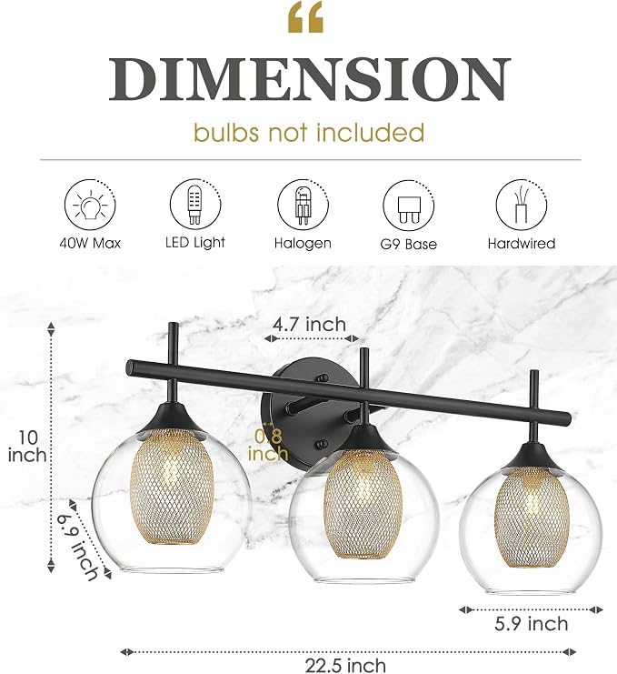 Bathroom Light Fixtures, 3-Light Black and Gold Vanity Lights Over Mirror - Image 2