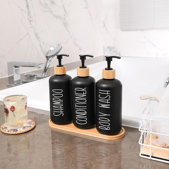 MOMEEMO Black Shower Soap Dispenser Set, Contains 3 Extra-Thick PET Plastic - Image 7