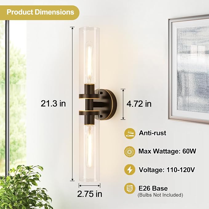 Wall Sconces Set of Two, Hardwired Brown Bathroom Sconces Wall Lighting - Image 4