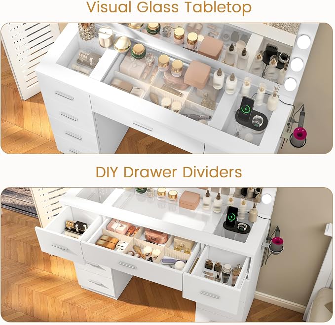 Quimoo Vanity Desk with Glass Top & Large Lights Mirror, 3 Adjustable Lighting - Image 4