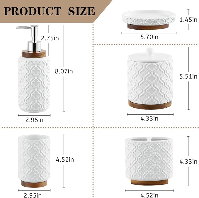 Elegant Bathroom Accessories Set 5 PCS Ceramic and Wood Bathroom Accessory Set - Image 2
