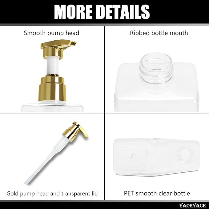 Shampoo Dispenser Bottles with Gold Pump, YACEYACE 16.9oz Set of 3 Clear - Image 4